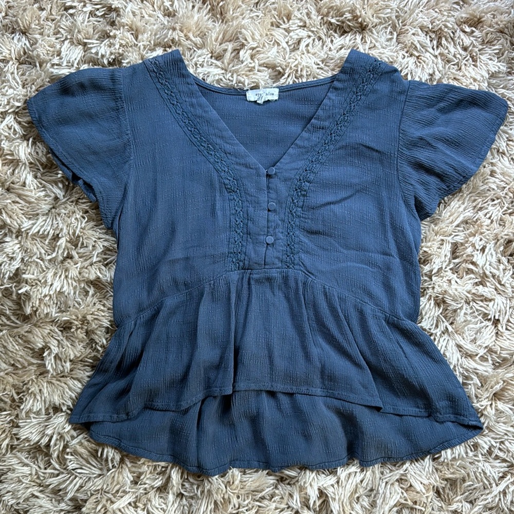 Eyeshadow Boho Blue Blouse with Ruffle Hem S